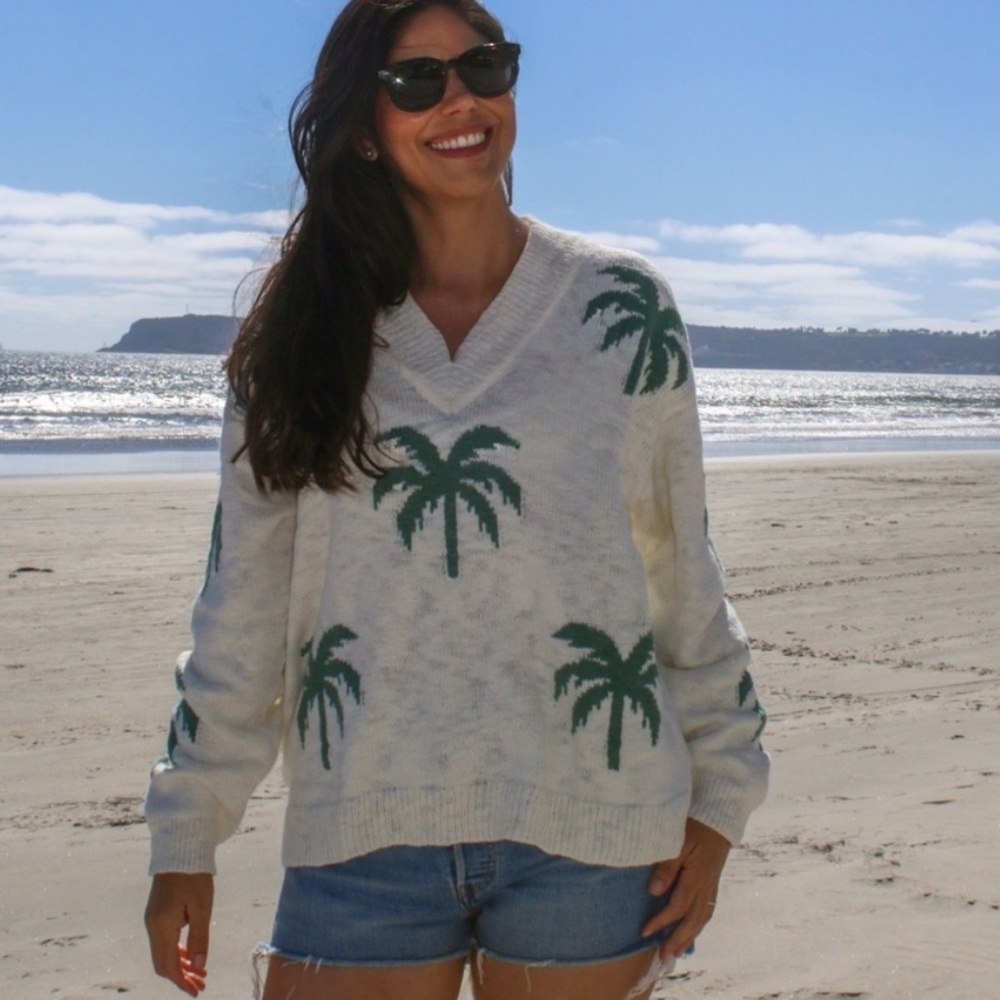 Beachly Palm Trees Bohemian Oversized Lightveight Sweater Size L beachy - Picture 2 of 7